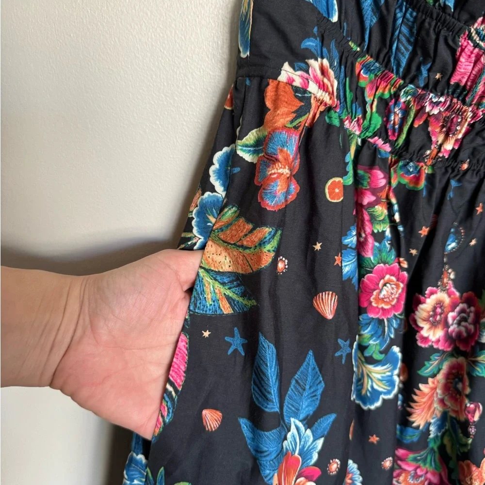 Anthropologie Black Strapless Maxi Dress with Pink, Purple & Yellow Floral Print - Picture 6 of 11